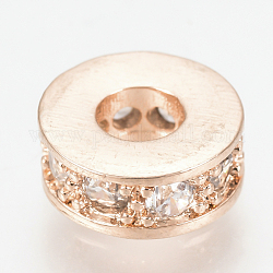 Brass Micro Pave Cubic Zirconia Beads, Flat Round, Clear, Rose Gold, 7x3mm, Hole: 3mm