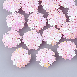 Cabochons paillette pvc, perles de cluster, avec des perles de rocaille en verre et des supports de disques perforés en laiton plaqué or, fleur, rose, 20~23x10~11mm
