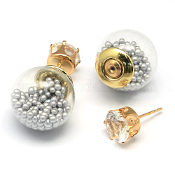 Doppelseitige Glaskugel-Ohrstecker für Damen, mit Imitationsperle Acryl-Perlen im Inneren, Strasssteinen und goldenen Eisenstiften, lichtgrau, 16 mm, 8 mm, Stift: 0.7 mm