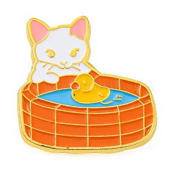 Golden Zinc Alloy Brooches, Cartoon Cat Enamel Pins, Pool, 26x25x1.6mm