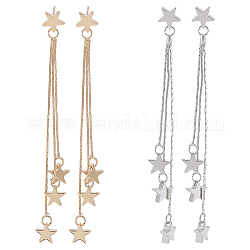 ANATTASOUL 2 Pairs 2 Colors Alloy Star Tassel Dangle Stud Earrings for Women, Platinum & Light Gold, 87mm, Pin: 0.6mm, 1 Pairs/color