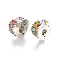 Alloy European Clasps, Large Hole Beads, with Rhinestone, Heart, Coloerful, Platinum, 10x11x5.5mm, Hole: 3mm