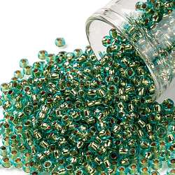 Toho perles de rocaille rondes, Perles de rocaille japonais, (755) turquoise clair doublé or 24k, 8/0, 3mm, Trou: 1mm, environ 220 pcs/10 g