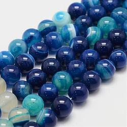 Natural Striped Agate/Banded Agate Bead Strands, Round, Grade A, Dyed, Dodger Blue, 10mm, Hole: 1mm, about 37~38pcs/strand, 14.5 inch