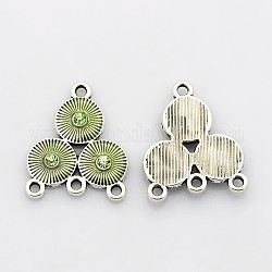 Antique Silver alliage de tonalité strass émail connecteurs chandeliers, fleur / triangle, jaune vert, 23x19x3mm, Trou: 2mm