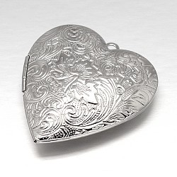 Carved Heart Rack Plating Brass Photo Locket Pendants, Lead Free, Platinum, 42x40x10mm, Hole: 2mm, Inner: 31x30mm