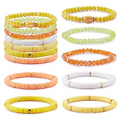 Set di braccialetti elastici da surfista heishi in argilla polimerica fatti a mano in stile 7pcs 7, perle di vetro braccialetti, bracciali preppy impilabili per le donne, giallo, diametro interno: 2-1/8 pollice (5.3 cm), 1pc / style