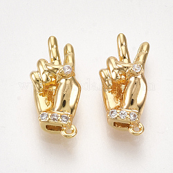 Brass Charms, with Cubic Zirconia, Hand, Clear, Nickel Free, Real 18K Gold Plated, 13x6x4mm, Hole: 0.6mm