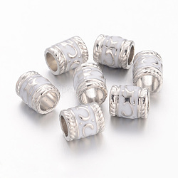 Émail perles européennes en alliage, sans cadmium et sans plomb, grandes perles de colonne de trou, platinée, blanc, blanc, 8.5x7mm, Trou: 5mm