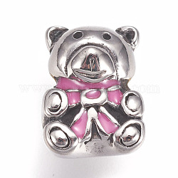 Perles en 304 acier inoxydable, avec l'émail, Perles avec un grand trou   , ours, rose, argent antique, 13x10x10mm, Trou: 5.5mm