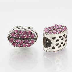 Perles européennes en alliage avec strass, Perles avec un grand trou   , lèvre, argent antique, rose, 8x12x9mm, Trou: 4.5mm
