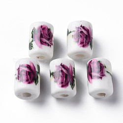 Perles en porcelaine manuelles, famille rose de style, colonne avec motif de fleurs, violet, 12.5x8.5mm, Trou: 3mm