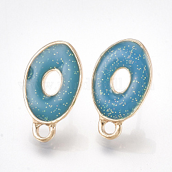 Alloy Enamel Stud Earring Findings, with Loop, Raw(Unplated) Pins and Glitter Powder and 925 Sterling Silver Pin, Oval, Light Gold, Steel Blue, 17x10mm, Hole: 1.8mm, Pin: 0.6mm