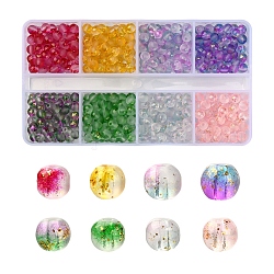560 pièces 8 couleurs brins de perles de verre peintes à la bombe givrée, avec une feuille d'or, ronde, couleur mixte, 4~5mm, Trou: 0.9~1.2mm, 70 pcs / couleur
