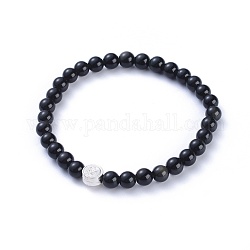 Braccialetti elasticizzati con perline di ossidiana naturale feng shui, con 925 perline in argento sterling e scatola di gioielli, piatta e rotonda con yin yang, 2-1/8 pollice (55 mm)