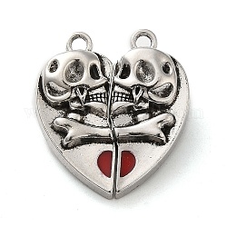 Cierres magnéticos de esmalte de aleación de estilo tibetano., corazón con el cráneo, plata antigua, de color rojo oscuro, 27.5x24.5x6.5mm, agujero: 2 mm