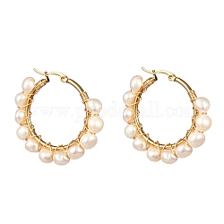 Anello di perle naturali orecchini a cerchio per donna ragazza, bianco, 38x40x7mm, ago :0.6mm