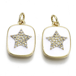 Brass Micro Pave Clear Cubic Zirconia Pendants, with Enamel and Jump Ring, Rectangle with Star, Real 16K Gold Plated, Nickel Free, White, 17.5x13x3mm, Jump Ring: 5x1mm, 3mm inner diameter