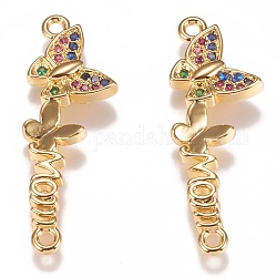Brass Micro Pave Colorful Cubic Zirconia Link, Long-Lasting Plated, for Mother's Day, Butterfly with Word Mom, Golden, 28.5x9x2.5mm, Hole: 1.45mm