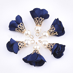 Pendentifs en fer, avec un chiffon et une perle d'imitation en plastique ABS, fleur, or, bleu foncé, 25~32x15~25mm, Trou: 1~4mm