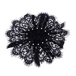 Col en dentelle florale brodée, encolure garniture vêtements couture bord appliqué, avec des perles en plastique imitation perles, noir, 180x210x10.5mm, diamètre intérieur: 120 mm