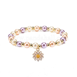 Bracelet extensible en perles de verre avec breloque marguerite en alliage d'émail pour femme, colorées, diamètre intérieur: 2-1/8 pouce (5.4 cm)