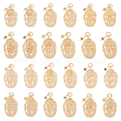 DICOSMETIC 12Pcs 12 Styles Brass Rhinestone Pendants, Birth Flower Charms, Oval with Star, Real 18K Gold Plated, 23x13x2mm, Hole: 3mm, Star: 9x4x1mm, 1pc/style