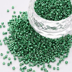 Plated Glass Cylinder Beads, Seed Beads, Metallic Colours, Round Hole, Green, 1.5~2x1~2mm, Hole: 0.8mm, about 8000pcs/bag, about 1pound/bag