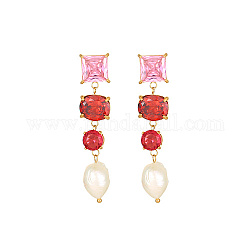 Orecchini quadrati in vetro, orecchini pendenti con perle naturali con 304 perno in acciaio inossidabile, rosso ciliegia, 55mm
