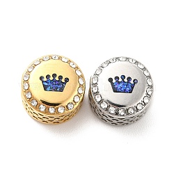 Perles en 304 acier inoxydable, Avec strass et émail, plat rond avec motif de la couronne, bleu, 12x8mm, Trou: 4mm