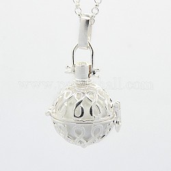 Silver Brass Cage Pendants, Chime Ball Pendants, Infinity, with Brass Spray Painted Bell Beads, White, 35x22x20mm, Hole: 3x5mm, Bell: 16mm