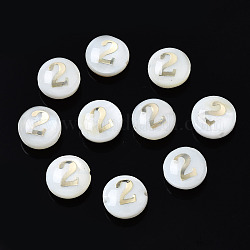 Perles de coquillages naturels d'eau douce, avec des ornements en métal en laiton doré, plat et circulaire avec numéro, num. 2, 8x4.5mm, Trou: 0.8mm