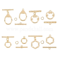 AHADERMAKER 8Set 4 Style Brass Toggle Clasps, with Jump Rings, for DIY Jewelry Making, Real 18K Gold Plated, Hexagon: 16x12x1.5mm, Bar: 21x4.5x1.5mm, Hole: 1.2mm, 4 style, 2set/style, 8set