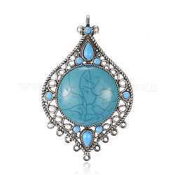 Antique Silver Plated Alloy Synthetic Turquoise Links, Flat Round Teardrop Earring Pendants, Deep Sky Blue, 92x57x7mm, Hole: 2mm, 4mm