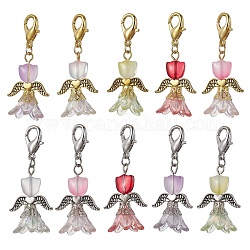 Lily Angel Glass Pendant Decorations, with Alloy Lobster Claw Clasps, Mixed Color, 47mm, 10pcs/set