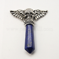Natural Lapis Lazuli Pendants, Dyed & Heated, with Alloy Pendant Settings, Faceted, Bullet with Skull, Antique Silver Metal Color, Midnight Blue, 47x38x9.5mm, Hole: 3x7mm