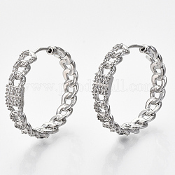 Brass Micro Pave Clear Cubic Zirconia Huggie Hoop Earrings, Nickel Free, Curb Chain Shape, Real Platinum Plated, 30x6mm, Pin: 1x1mm
