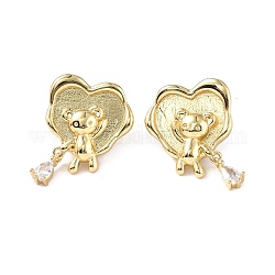 Aretes colgantes de corazón con circonita cúbica transparente y oso, joyas de latón para mujer, real 18k chapado en oro, 28x21.5mm, pin: 0.8 mm