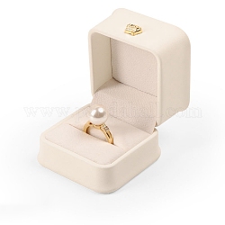 Portagioie con anello in pelle quadrata con corona, custodia regalo per anelli da dito, con velluto all'interno, per nozze, fidanzamento, bianco antico, 5.8x5.8x4.8cm