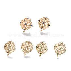 Brass Stud Earring Findings, Cubic Zirconia and Loop, Real Gold Plated, Flower, Nickel Free, Mixed Color, 13x12mm, Hole: 0.8mm, Pin: 0.8mm