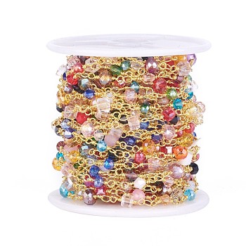 Chaînes de perles en verre manuels, non soudée, avec les accessoires en laiton, avec bobine, facette, formes mixtes, or, couleur mixte, 4~6x3~5mm, environ 32.8 pied (10 m)/rouleau