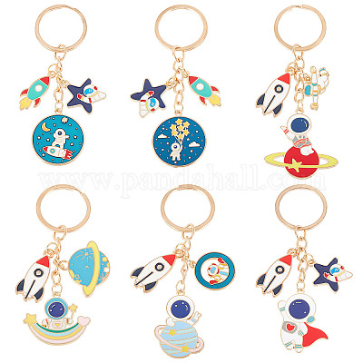OLYCRAFT 6 Pcs Alloy Enamel Keychains Spaceman Rocket Key Chain Astronaut  Star Pattern Key Ring Pendants for Purse with Rectangle Velvet Pouches for 