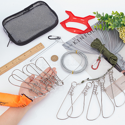 SUPERFINDINGS 2Sets 2 Style Stainless Steel Fishing Stringer Clip Set  Including Hooks Wire Clasps Foam Buoyancy Rods Plastic Handlea and Storage  Bag 
