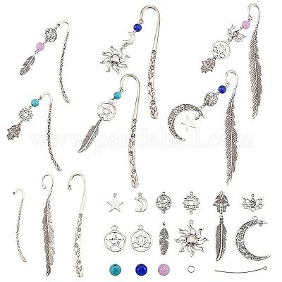 Wholesale SUNNYCLUE DIY 6 Set Leaf Metal Hook Bookmarks Making Kit 6pcs  Leaf Tibetan Style Alloy Bookmark with Feather Moon Sun Lotus Alloy  Pendants & Turquoise Beads for DIY Alloy Bookmark Making 
