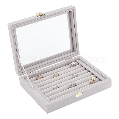 Velvet Jewelry Presentation Boxes, Ring Earring Display Organizer Case with  Glass Window and Golden Tone Alloy Clasps, Rectangle, Light Grey