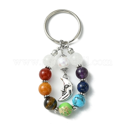 7 Chakra Gemstone Bead Pendant Keychain with Tibetan Style Alloy Charm, for  Car Key Bag Ornament, Moon, 7.7cm