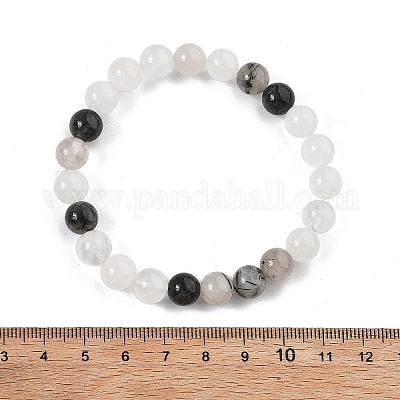 Braccialetti elasticizzati con perline di quarzo tormalinato naturale/quarzo rutilato nero&nbsp;G-A185-01J-1