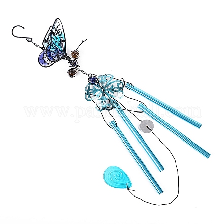 蝶の風鈴  ガラス＆アイアンアートペンダント装飾  チューブ付  ダークターコイズ  700x100mm WICH-PW0001-59B-03-1