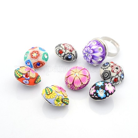 Mixed Styles Eco-Friendly Alloy with Random Pattern Polymer Clay Rhinestone Snap Buttons Adjustable Rings RJEW-O001-02-1