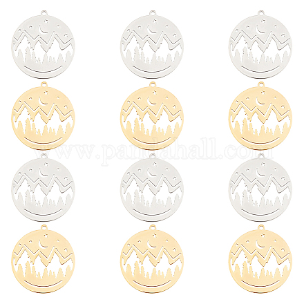 DICOSMETIC 12Pcs 2 Colors Mountain Charms Flat Round with Camel and Moon Star Pendant Gold Plated and Stainless Steel Hollow Charm Pendants for DIY Necklace Bracelet Jewelry Making STAS-DC0011-01-1